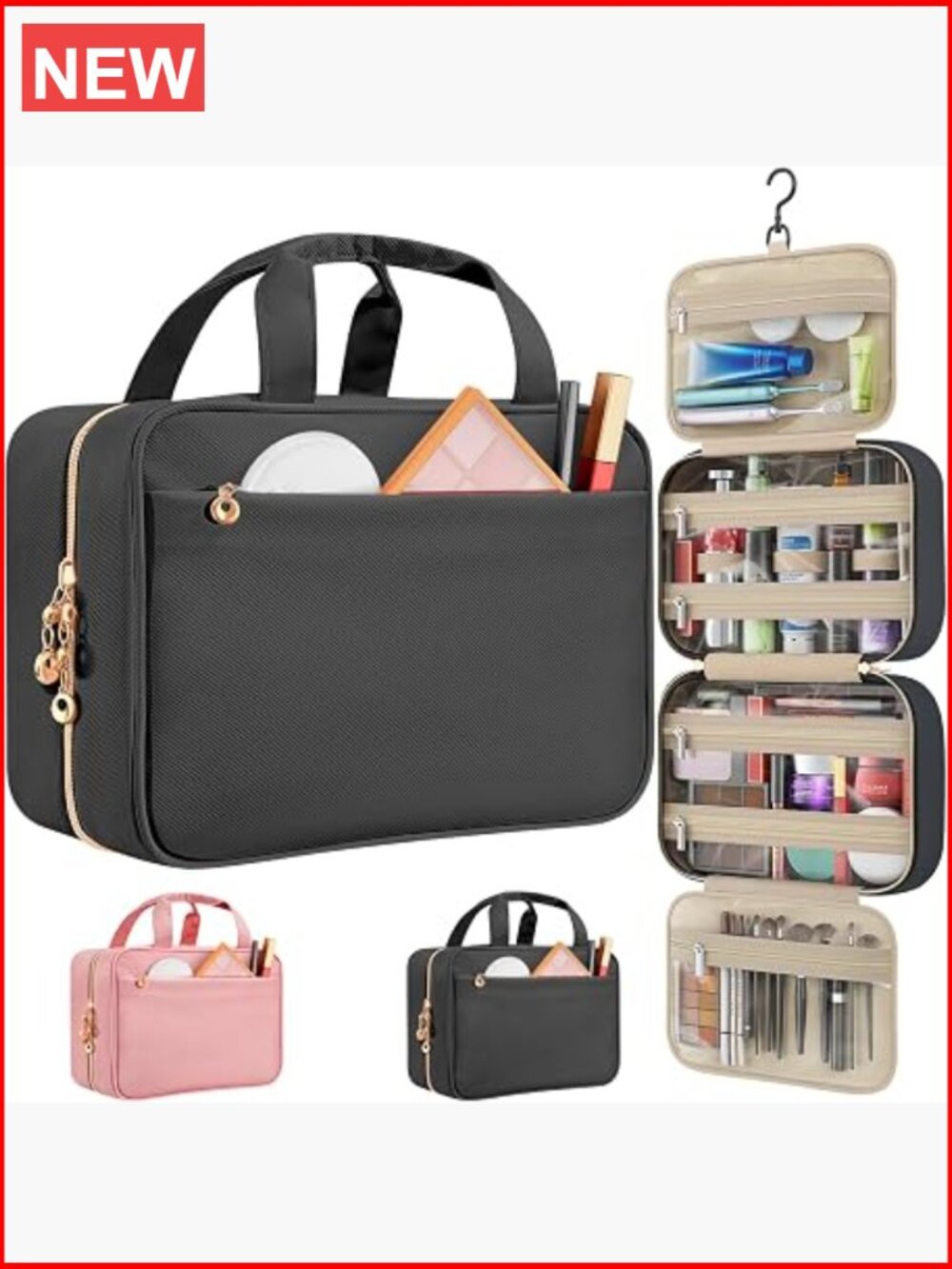 Large Toiletry Bag with Hanging Hook, Waterproof Travel Makeup Organizer